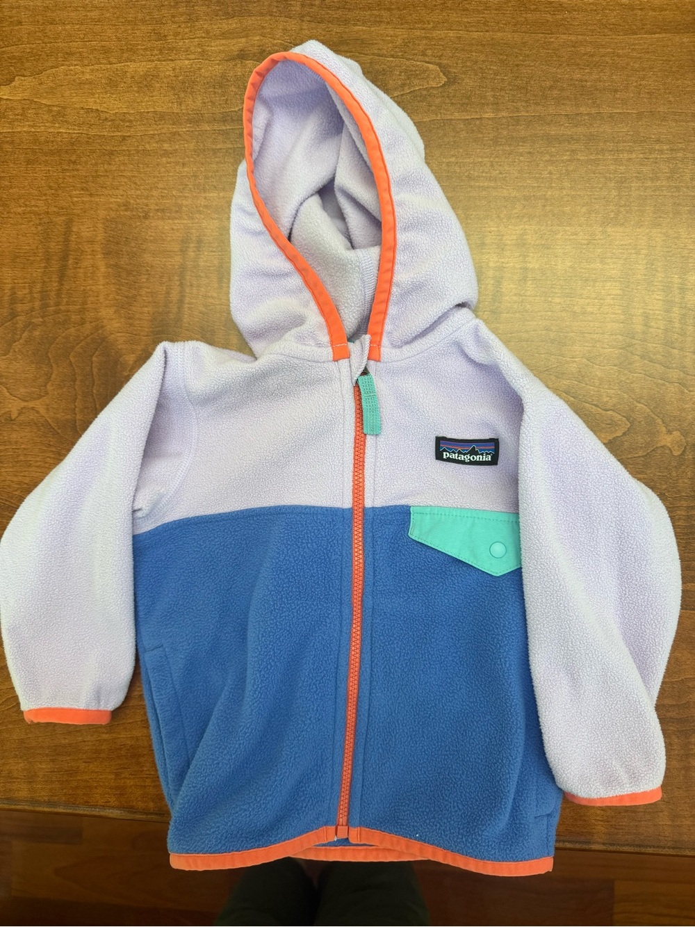 Patagonia Baby 6-12m Colorblock Fleece Hoodie in Lavender, Blue & Mint worn 2x